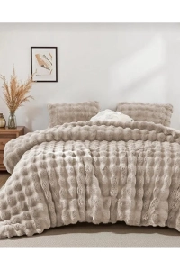 Kürk peluş yorgan bubble çift kişilik dolgulu peluş çift taraflı 3 parça bej renk